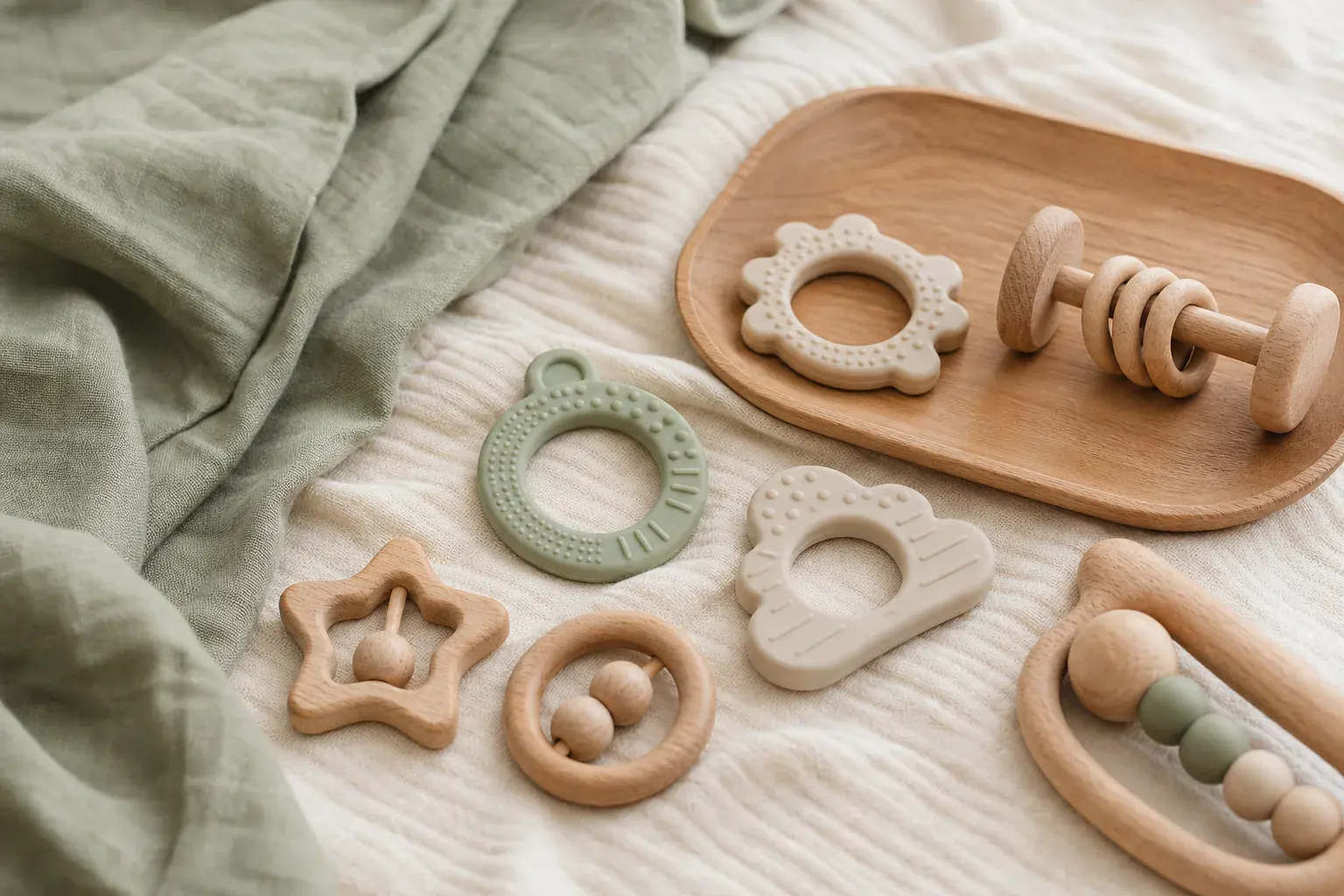 Newborn teether and rattle formats arranged for a wholesale buying checklist