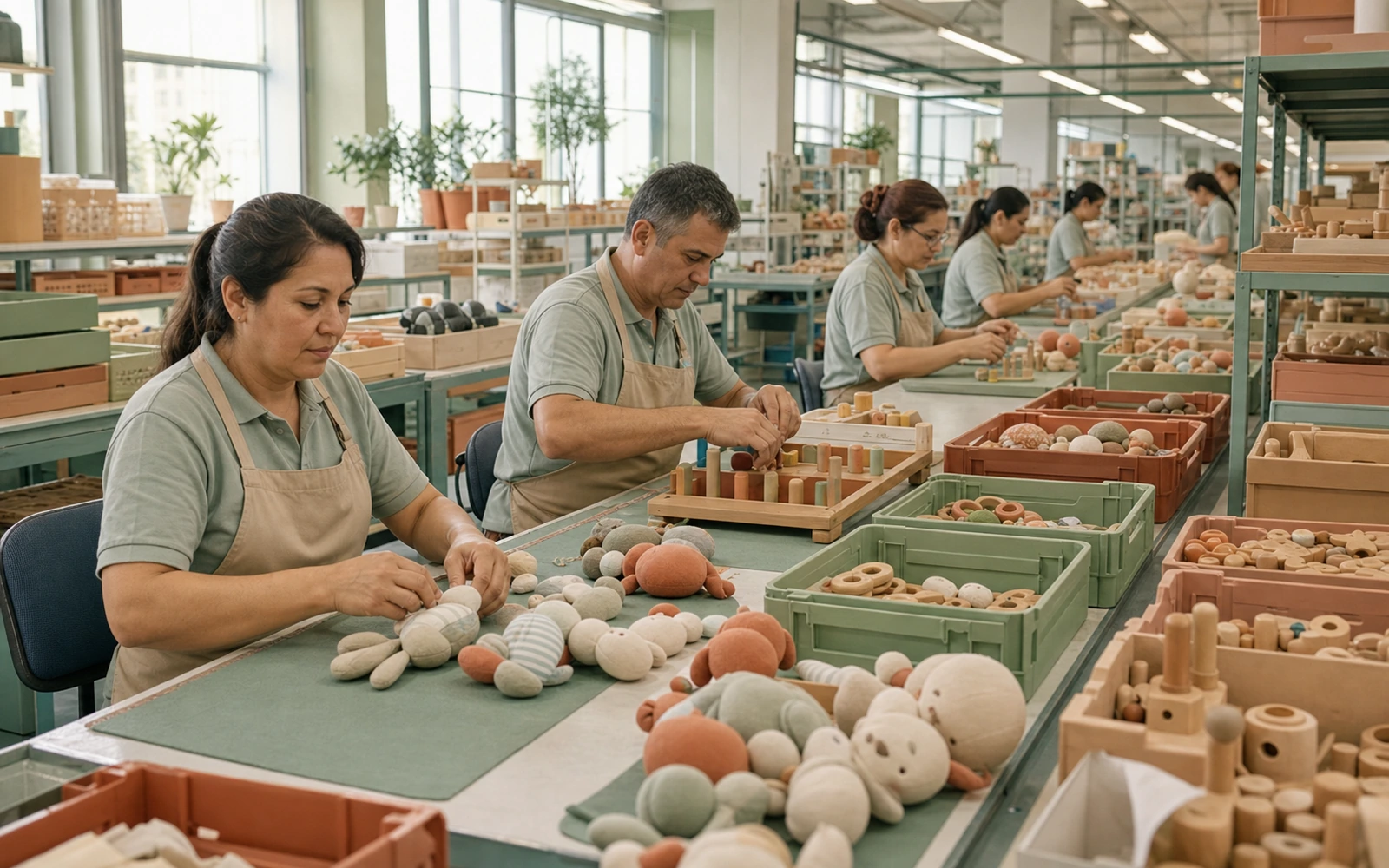 Adult workers assembling baby toy components at organized production workstations