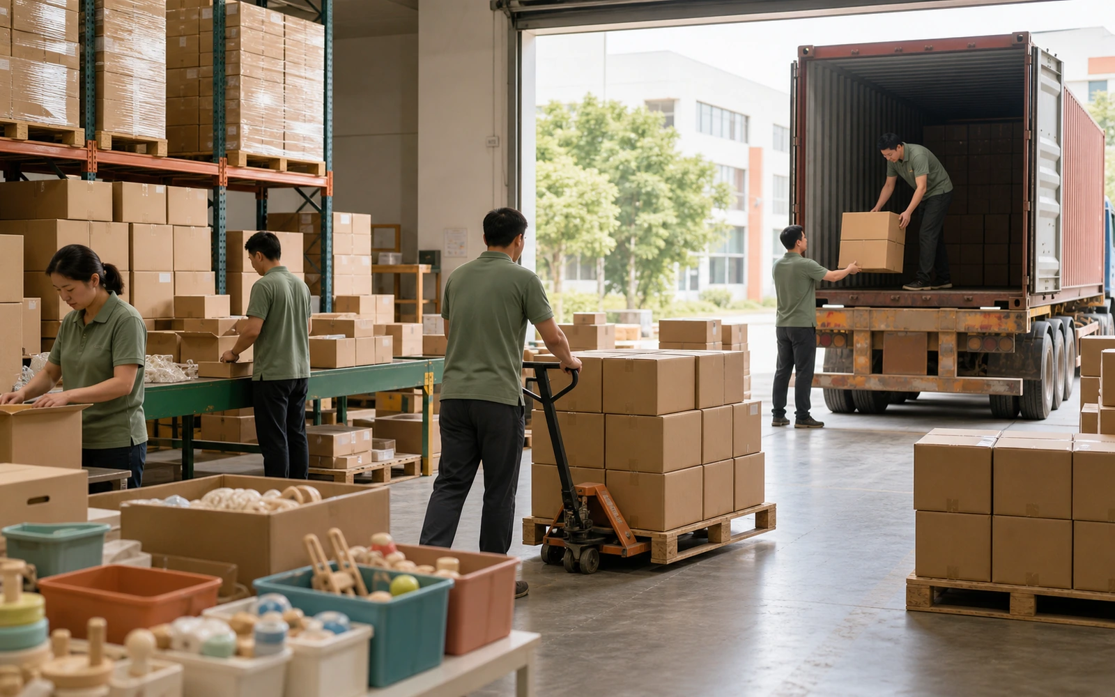 Workers preparing wholesale baby toy cartons, pallets and a container for outbound shipment