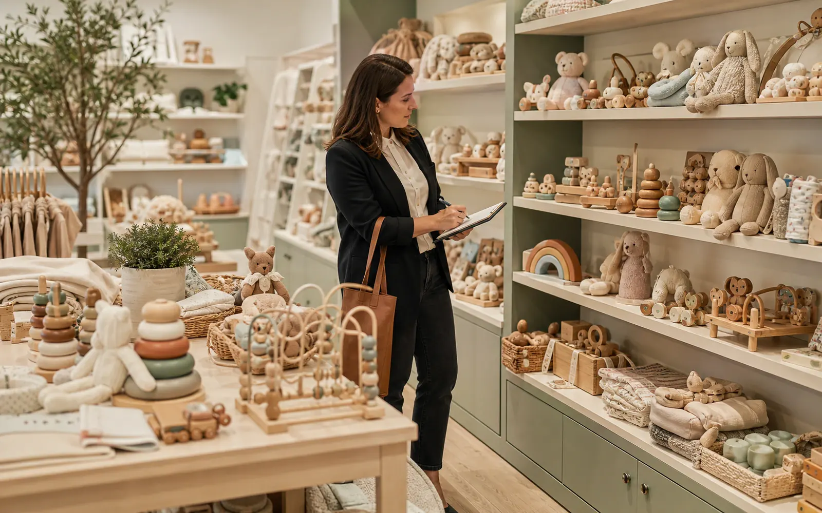 Buyer reviewing a softly lit premium baby toy retail assortment