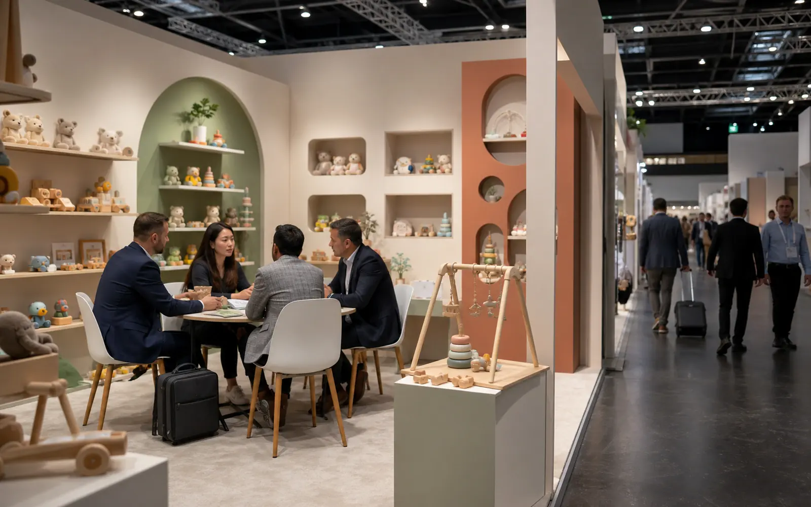 Adult buyers discussing a baby toy assortment at an unbranded B2B trade show booth