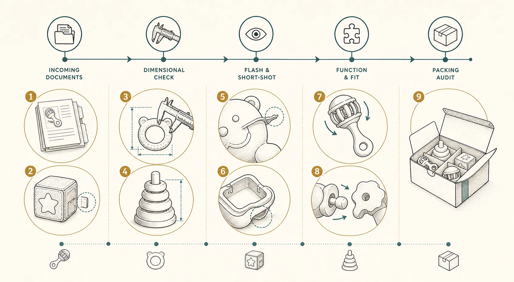 Diagram: baby toy samples for importers: learning and development questions for sample-le