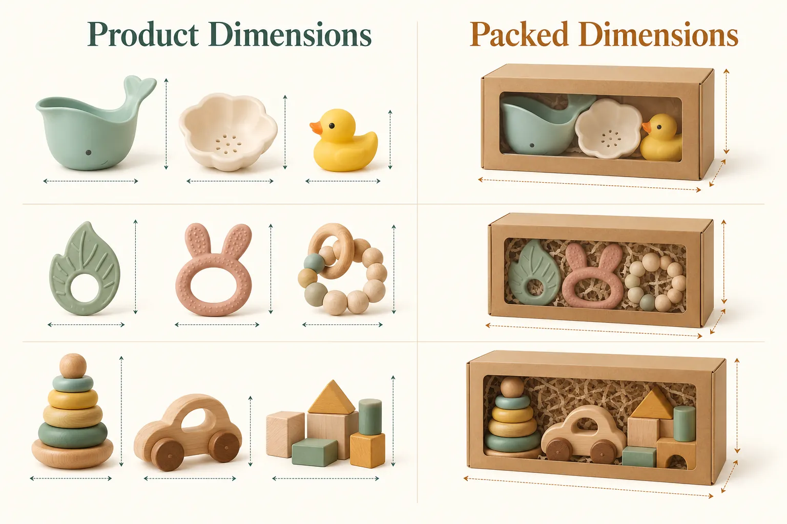 Explanatory diagram for Product Dimensions vs Packed Dimensions for baby bath, teething and wooden-toy a