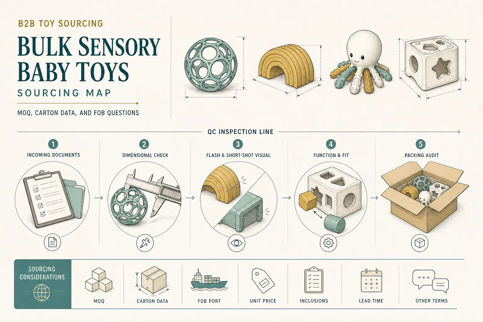 Explanatory diagram for Bulk sensory baby toys sourcing map: MOQ, carton data and FOB questions